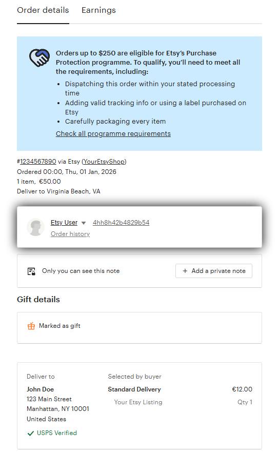 Etsy order details page showing the buyer row before opening the dropdown