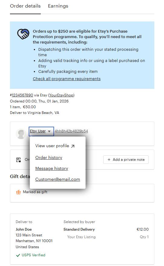 Etsy buyer name dropdown expanded showing menu options and the buyer email address